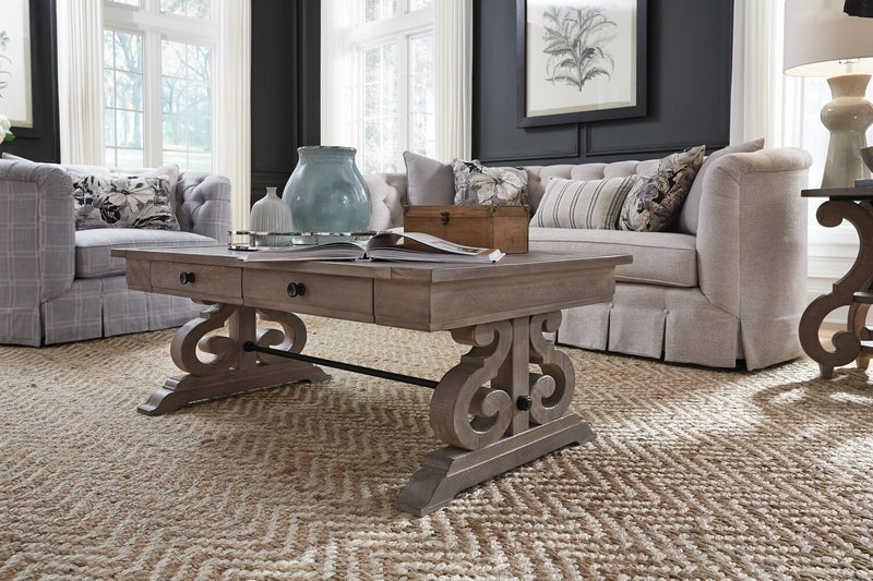 Tinley Park 50\" Traditional Coffee Table with Storage and Shelf - Grey-Brown Pine with Scroll Design Base