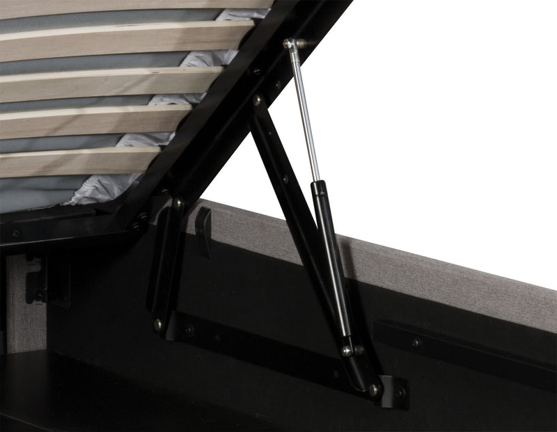 Jace Upholstered Storage Platform Bed in Taupe Fabric, Tufted - Full Size