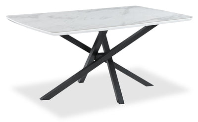 Bari Dining Table with Marble-Look Ceramic Top, Metal, Geometric Base, 63"W - White | Table de salle à manger Bari de 63 po (L) avec dessus en céramique d’apparence marbre et base géométrique en métal - blanche