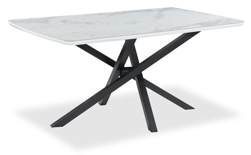 Bari Dining Table with Marble-Look Ceramic Top, Metal, Geometric Base, 63\"W - White
