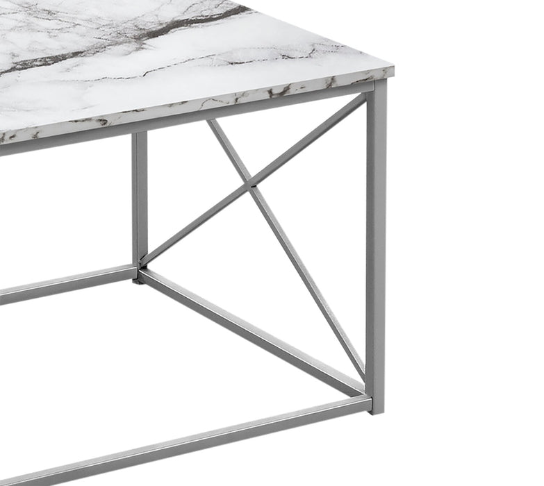 Kasey 42.25\" Modern 3-Pack Coffee + 2 End Tables - White Marble Look with Grey Metal Base