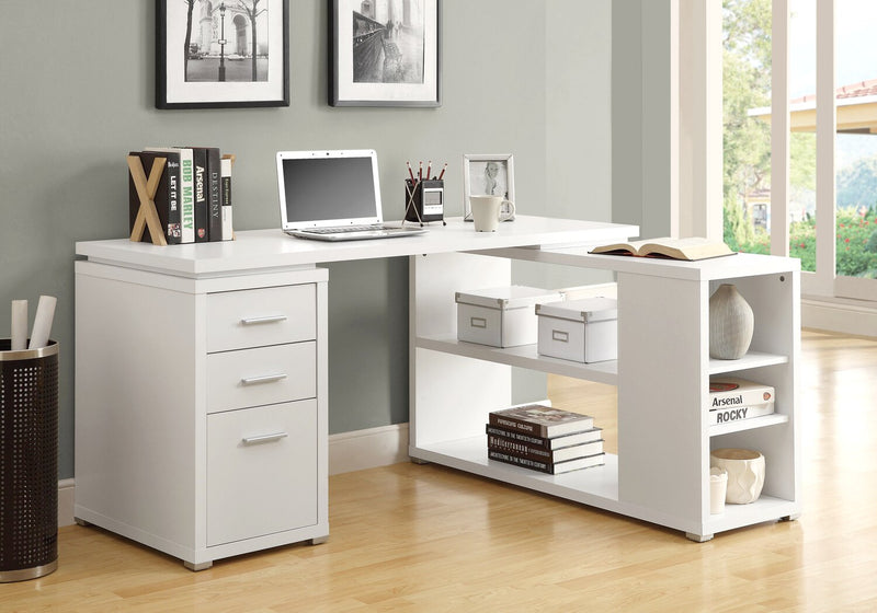 Rickey 60\" L-Shaped Corner Office Desk with 3-Drawers & Shelving - White