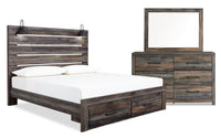 Abby 5pc Bedroom Set with Storage Bed, Dresser & Mirror, LED, USB, Brown - King Size 