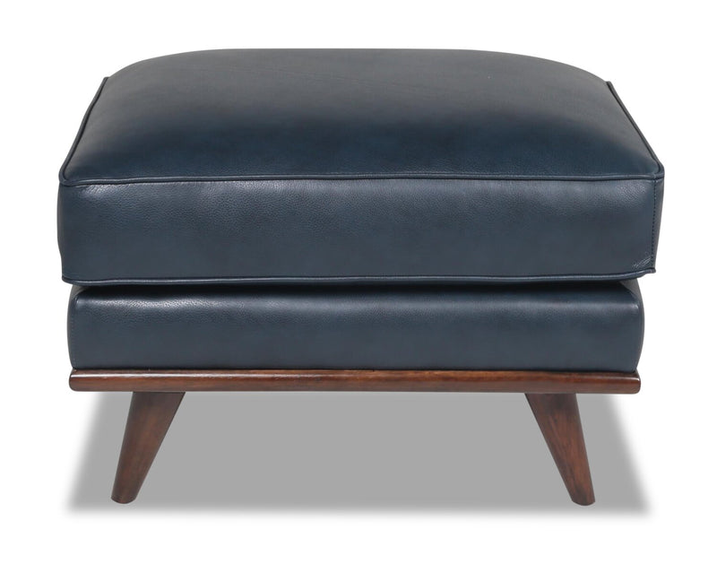 Vivia 28\" Genuine Leather Ottoman with Wood Base - Navy Blue
