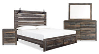 Abby 6pc Bedroom Set with Storage Bed, Dresser, Mirror & Nightstand, LED, USB, Brown - King Size 