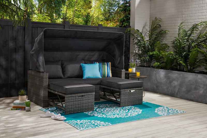 Cuba Canopy Outdoor Patio Conversation Set with Canopy Sofa, Ottoman & 2 Self-Storing Ottomans - Hand-Woven Resin Wicker, UV & Weather Resistant - Charcoal