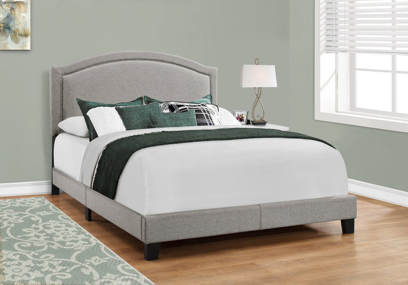 Pearl Upholstered Bed in Grey Fabric with Nailhead Design - Queen Size