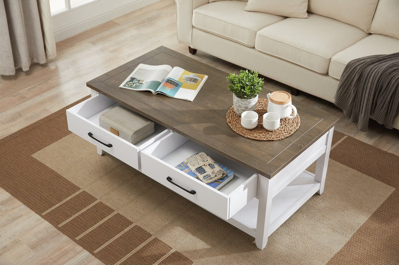Kort & Co. Logan 23.25\" Traditional Coffee Table with Storage and Shelf - White and Walnut Oak 