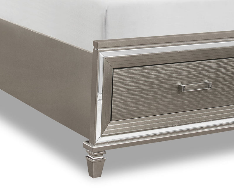 Max Platform Storage Bed with Headboard & Frame, LED, Vegan Leather, Glam, Silver - Queen Size