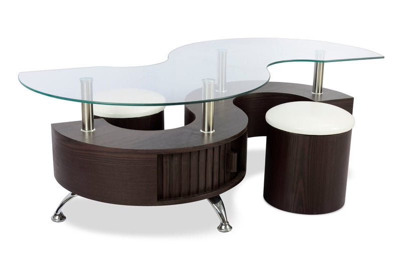 Savon  52.5\" Modern S-shaped 3-Pack Coffee + 2 Ottomans with Storage and Shelf - Dark Walnut Wood and Chrome 