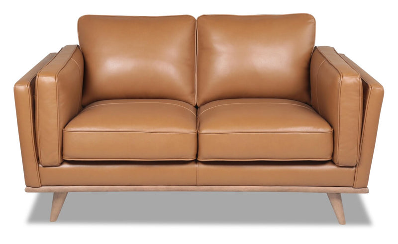 Vivia 63\" Genuine Leather Loveseat with Removable Seat Cushions and Wood Base - Caramel Brown 