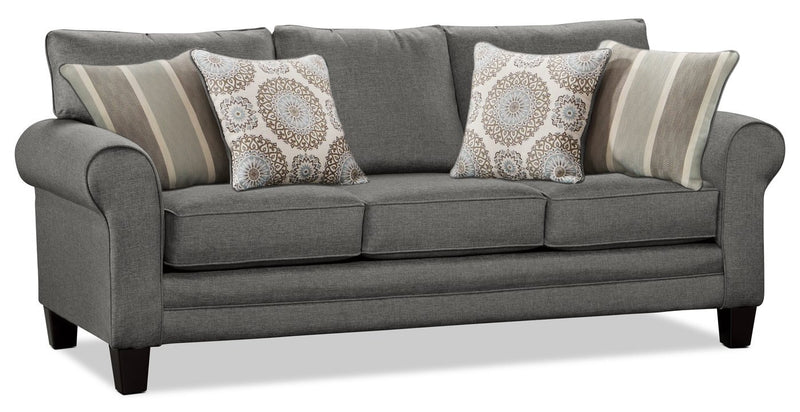 Made in Canada Tula 88\" Fabric Sofa with Rolled Arms and Accent Pillows - Steel Grey