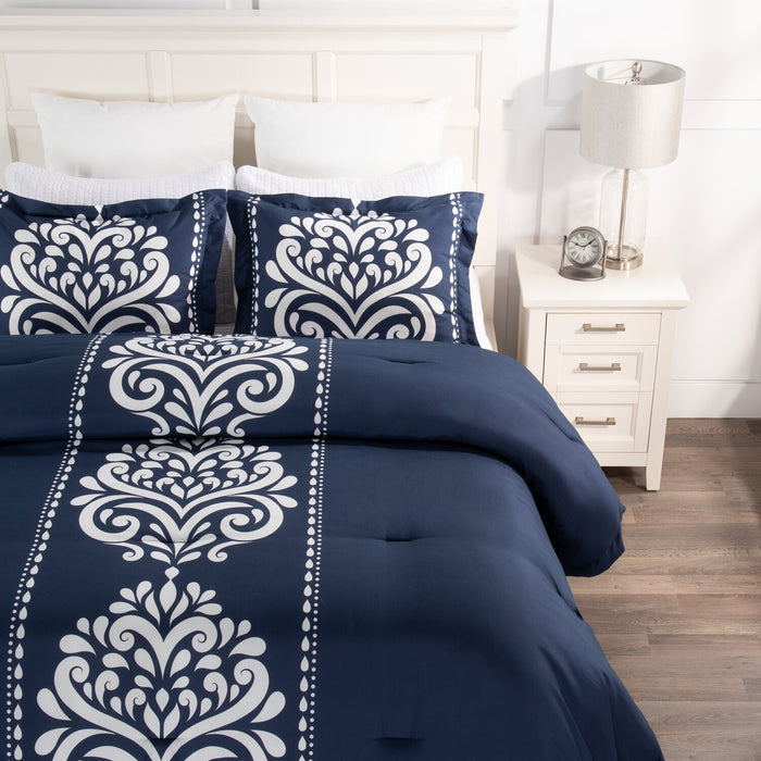 Navy Damask 3-Piece Full/Queen Comforter Set