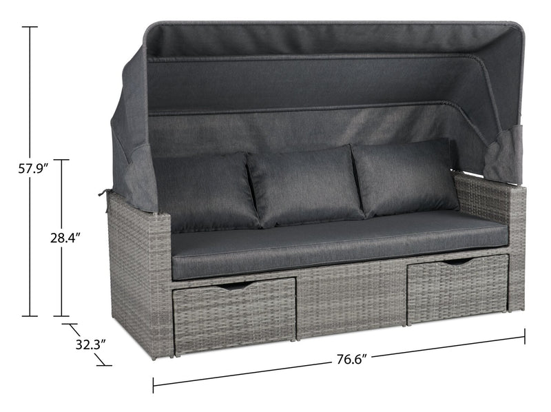 Cuba Canopy Outdoor Patio Conversation Set with Canopy Sofa, Ottoman & 2 Self-Storing Ottomans - Hand-Woven Resin Wicker, UV & Weather Resistant - Charcoal