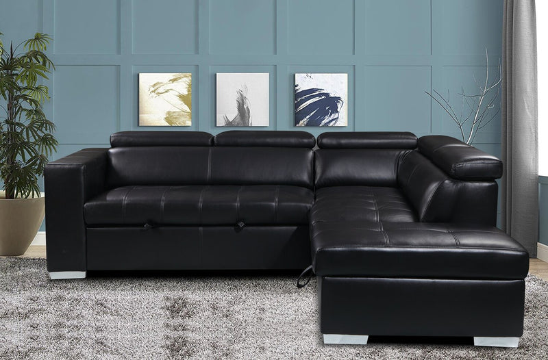 Drake 3-Piece Right-Facing Leather-Look Fabric Sleeper Sectional with Storage Ottoman - Black