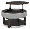 Elroy 33\" Rustic Round Lift Top Coffee Table With Storage, Shelf and Casters - Brown and Grey with Fabric Edge