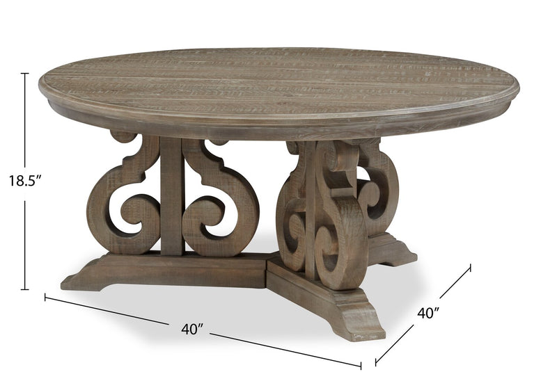 Tinley Park 40\" Traditional Round Coffee Table - Grey-Brown Pine with Scroll Design Base