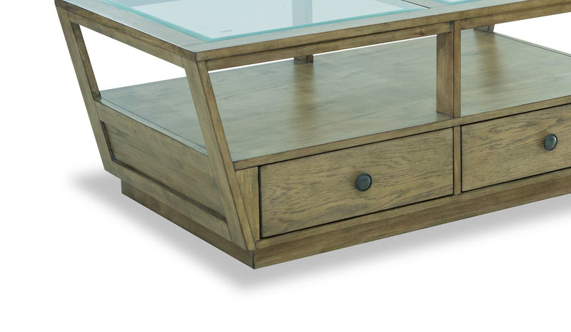Esme 48\" Traditional Glass Top Coffee Table with Storage and Shelf - Light Brown Wood
