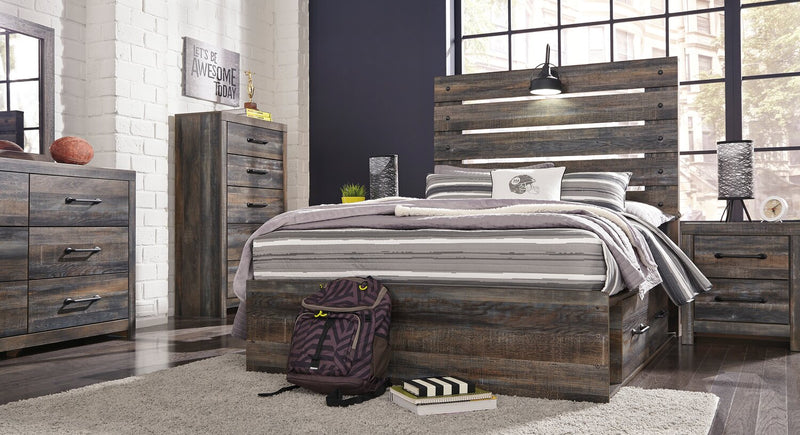 Abby 5pc Bedroom Set with Side Storage Bed, Dresser & Mirror, LED, USB, Brown - Full Size