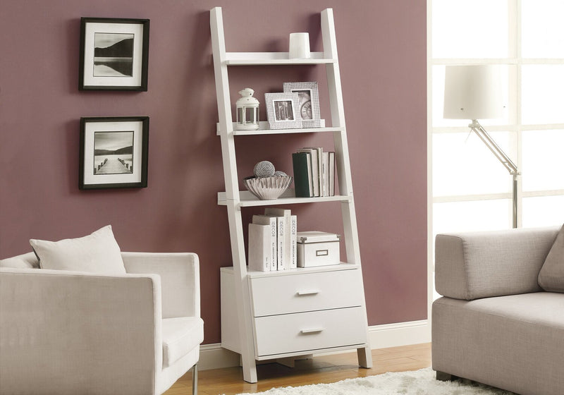 Ronan 25.5\" Ladder Bookcase with Open Shelves & 2-Drawers - White