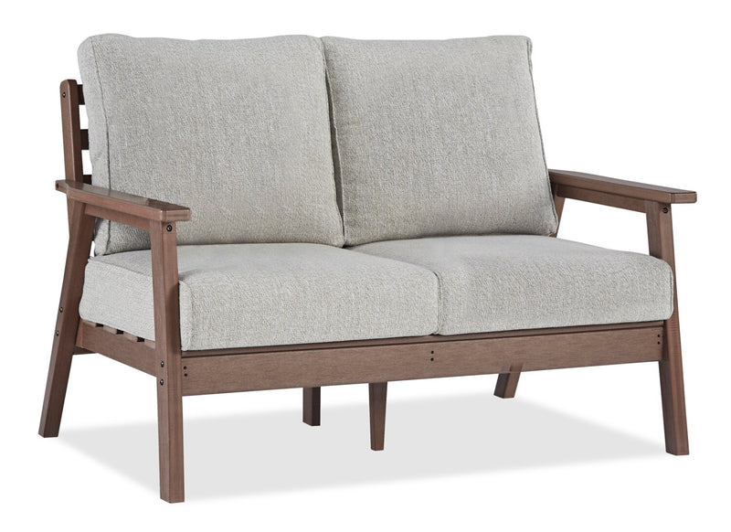 Nome Outdoor Patio Loveseat - High Density Plastic & Nuvella Fabric, UV & Weather Resistant - Brown/Beige
