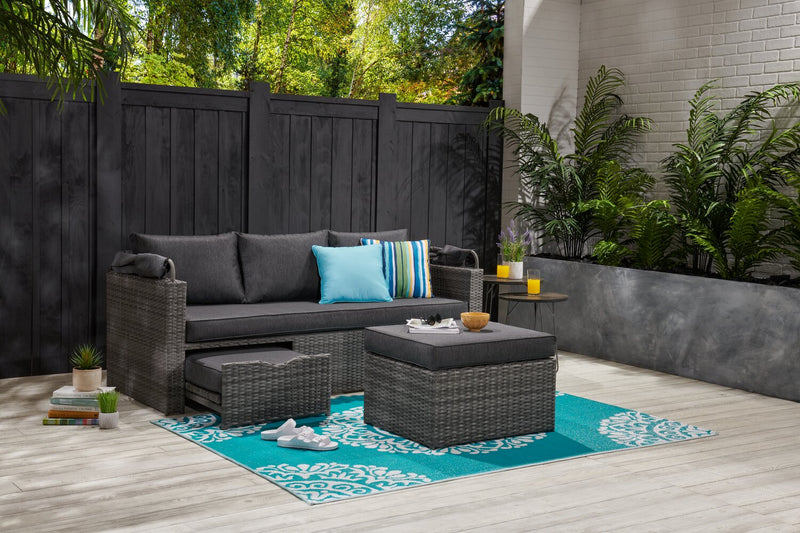 Cuba Canopy Outdoor Patio Conversation Set with Canopy Sofa, Ottoman & 2 Self-Storing Ottomans - Hand-Woven Resin Wicker, UV & Weather Resistant - Charcoal