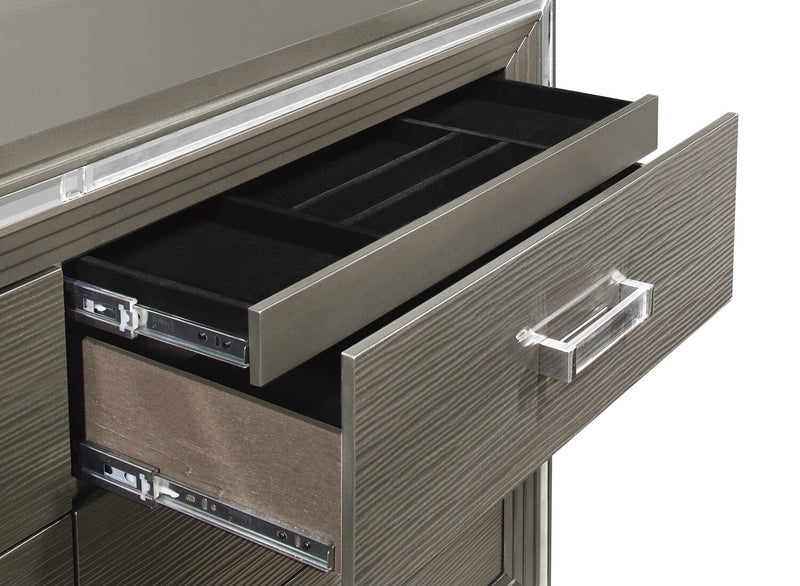 Max 5pc Bedroom Set with Storage Bed, Dresser & Mirror, LED, Glam, Silver - King Size