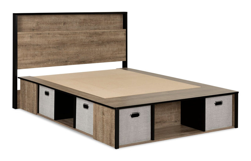 Everley Platform Bed Set with Panel Headboard, Built-in Storage & Baskets, Two-Tone - Full Size