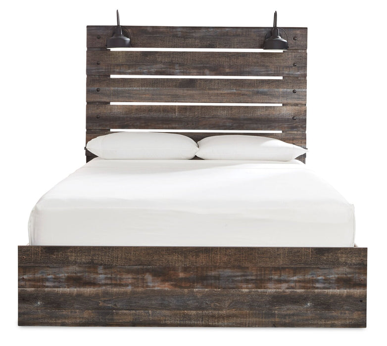Abby Panel Bed with Headboard & Frame, LED, USB, Brown - Queen Size