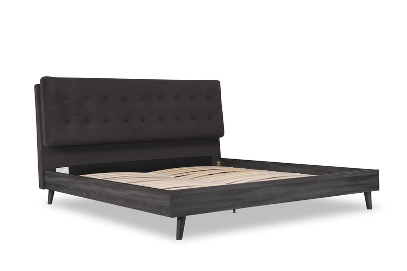 Nash Upholstered Platform Bed in Dark Grey Fabric, Button Tufted - King Size