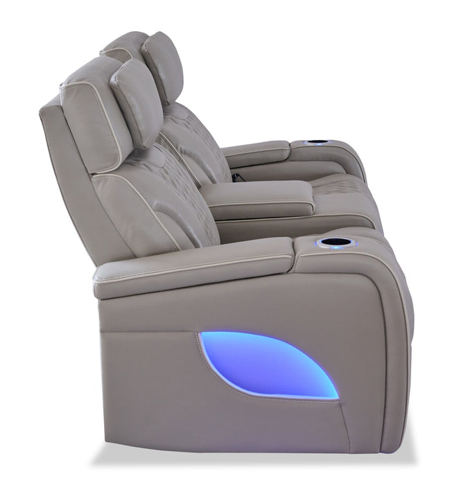 Elite 74\" Genuine Leather Massage Power Reclining Loveseat with Power Headrests and Storage Arms - Grey