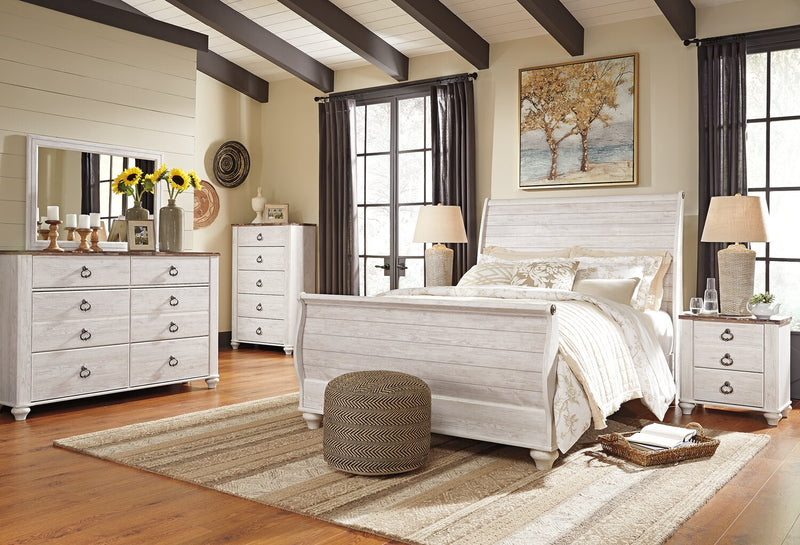 Willowton Sleigh Bed with Headboard & Frame, Whitewash - Queen Size