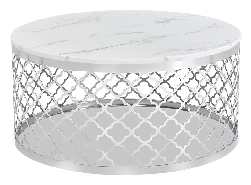 Belle 36\" Glam Round Sofa Table - White Marble Top with Stainless Steel Base