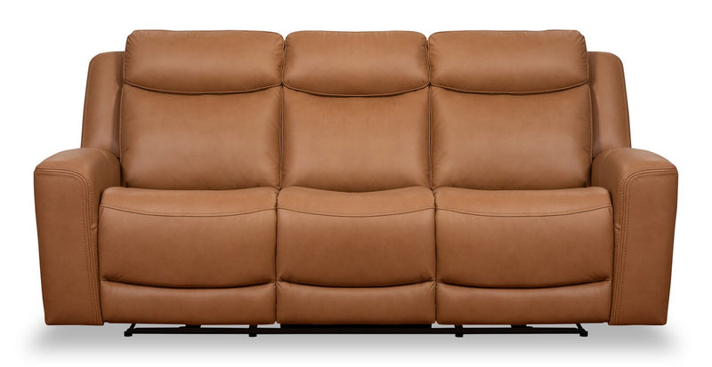 Scott Living Prescott 88.5\" Genuine Leather Power Reclining Sofa with Power Headrests - Butternut Brown
