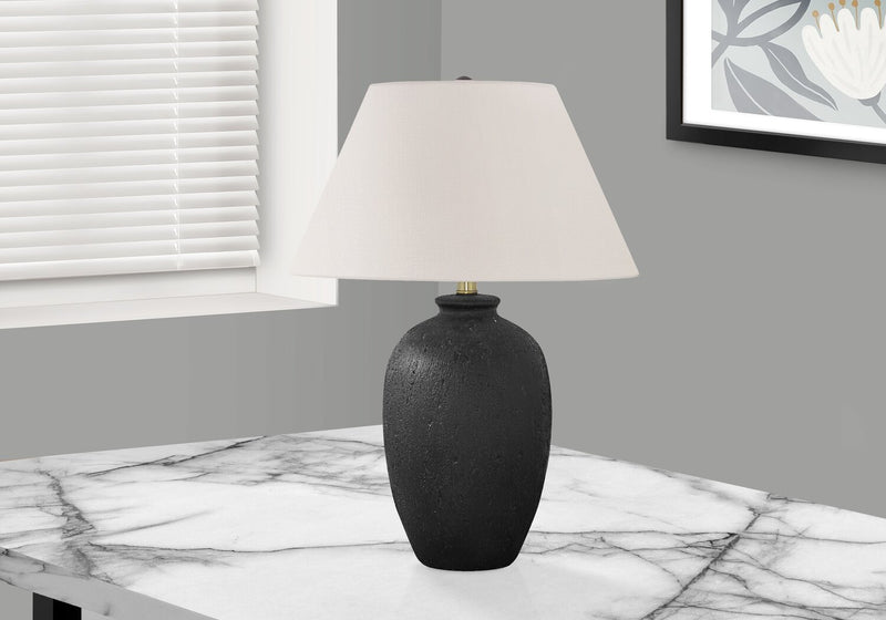 24\" Black Textured Ceramic Table Lamp with Ivory Shade