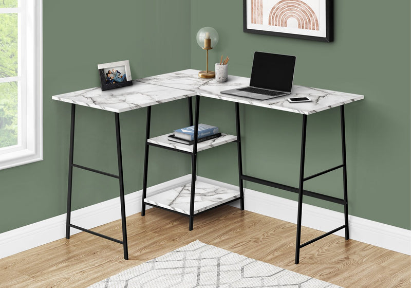 Evlin 42\" L-Shaped Office Desk with Shelves - White Marble-Look