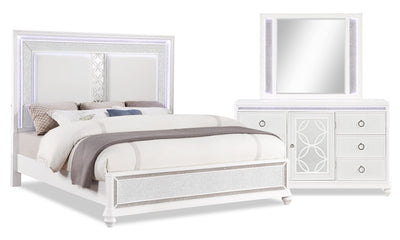 Ava 5pc Bedroom Set with Bed, Dresser & Mirror, LED, Glam, White - King Size | Ensemble de chambre à coucher Ava 5 pièces somptueux avec lit, commode, miroir et éclairage à DEL, b…