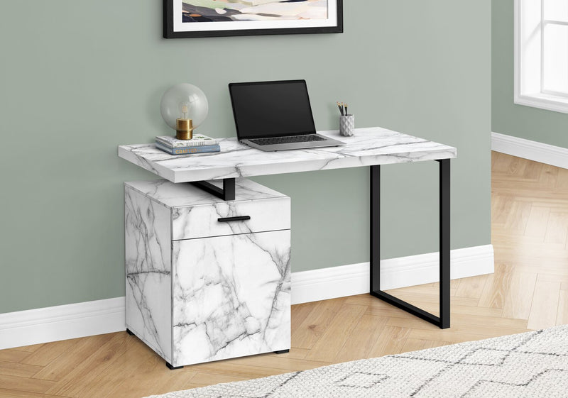 Remi 47.25\" Reversible Office Desk with Drawer & Cabinet - White Marble-Look