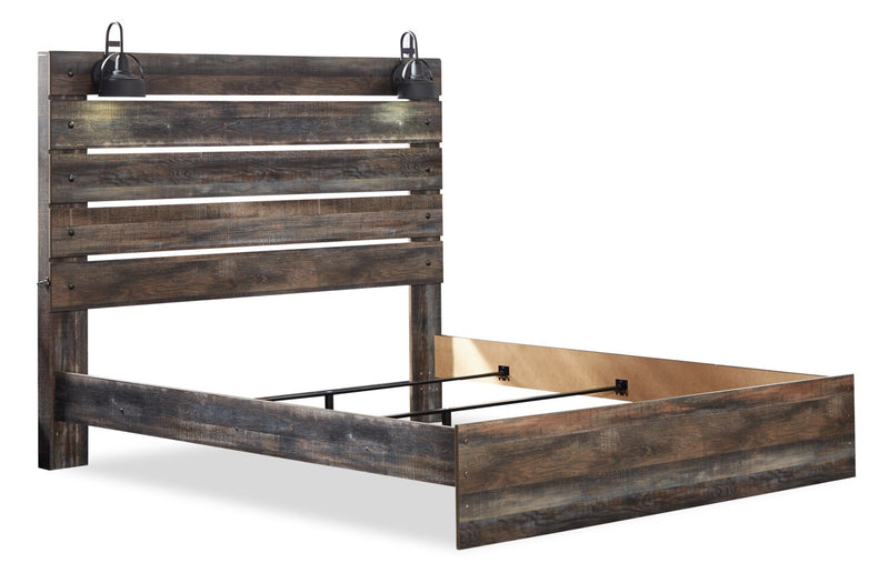 Abby Panel Bed with Headboard & Frame, LED, USB, Brown - King Size