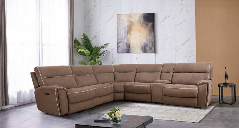 Cindy Crawford Home Newport 6-Piece Faux Suede Power Reclining Sectional with Storage Console and USB Port - Taupe