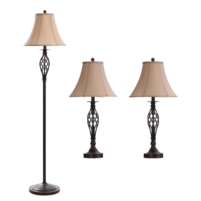 Fiona Traditional Antiqued-Bronze 3-Piece Set, Floor and Two Table Lamps