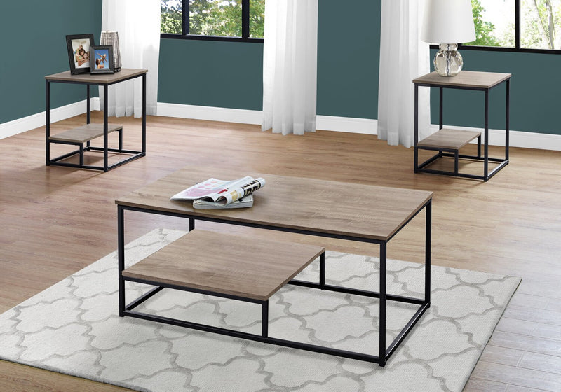 Jules 42.25\" Modern 3-Pack Coffee + 2 End Tables with Shelf - Dark Taupe with Black Metal Frame