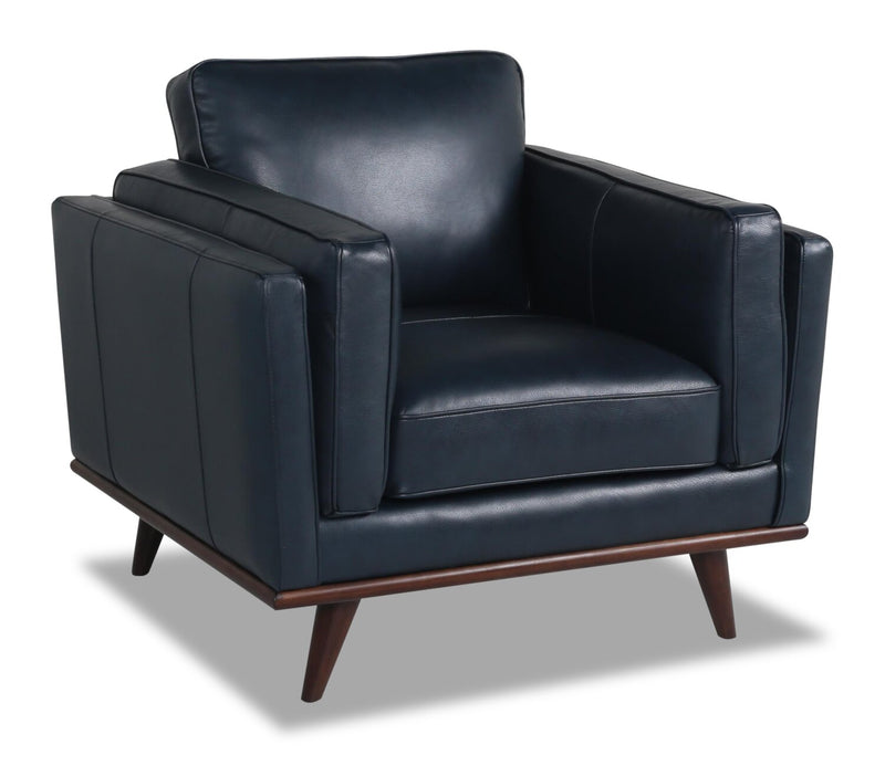 Vivia 40\" Genuine Leather Chair with Removable Seat Cushion and Wood Base - Navy Blue