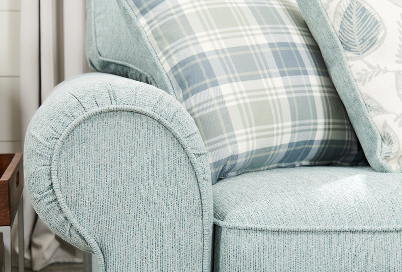 Made in Canada Scarlett 87\" Chenille Fabric Sofa with Rolled Arms and Accent Pillows - Marine Blue