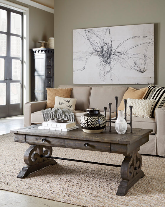 Bellamy 50\" Traditional Coffee Table with Storage - Dark Brown Pine with Scroll Design Wood Base