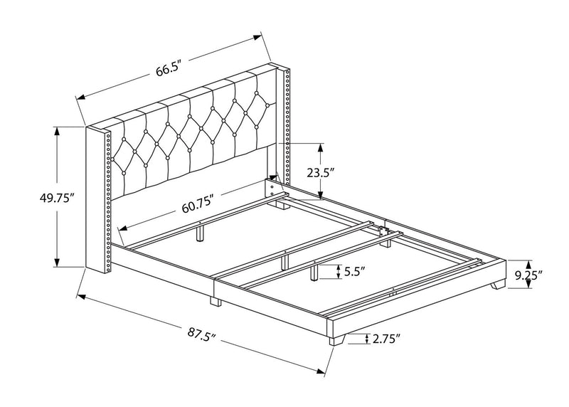 Portia Upholstered Wingback Bed in Grey Fabric with Nailhead Design, Button Tufted - Queen Size