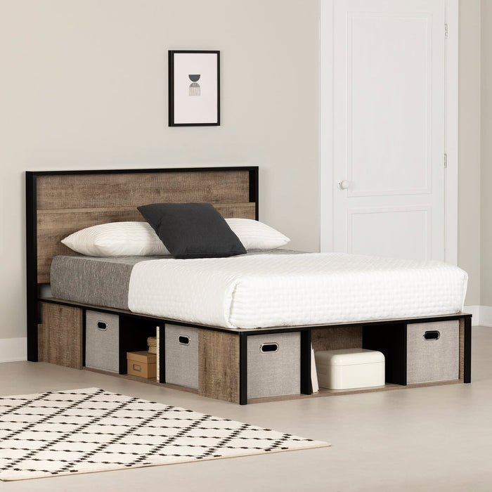 Everley Platform Bed Set with Panel Headboard, Built-in Storage & Baskets, Two-Tone - Full Size