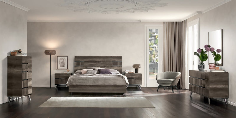 Gino 6pc Bedroom Set with Panel Bed, Dresser, Mirror & Nightstand - Made in Italy, Modern, Brown - King Size