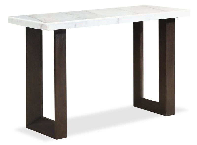 Silvia 48\" Modern Sofa Table - White and Grey Marble Look with Brown Wood Legs