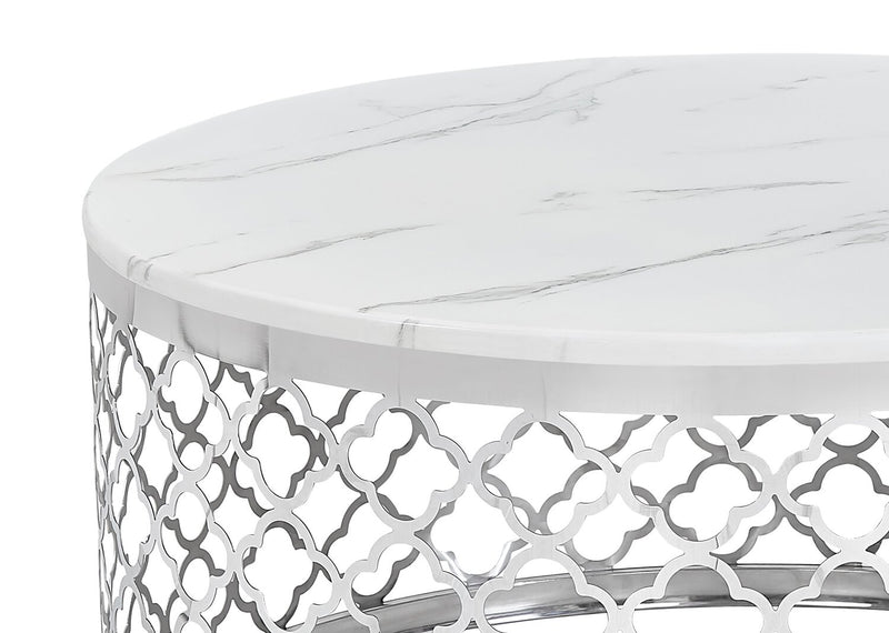 Belle 36\" Glam Round Sofa Table - White Marble Top with Stainless Steel Base